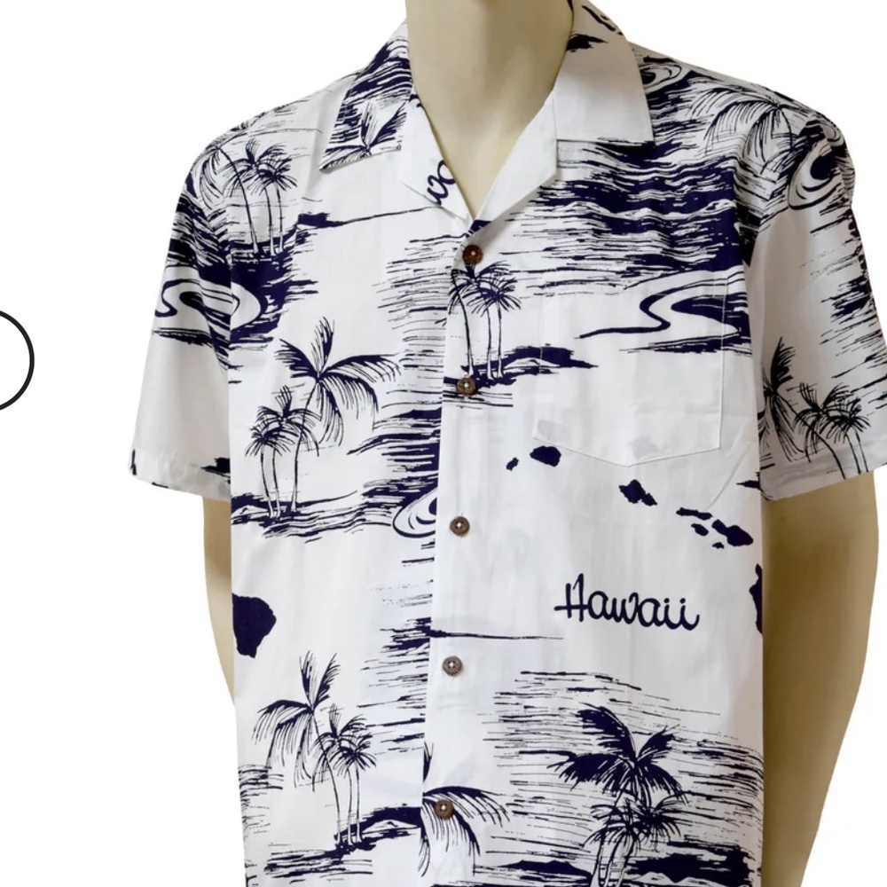 Hawaii Men's Casual White and Navy Shirt